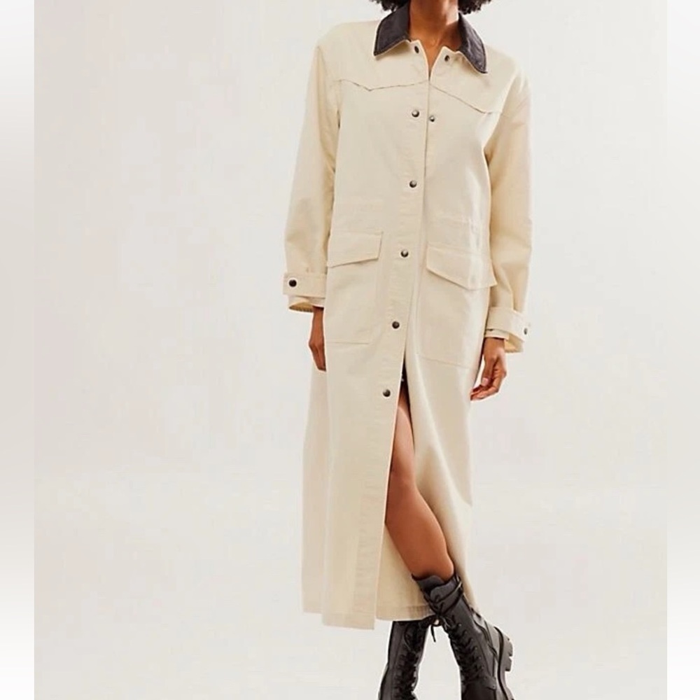 Free People Cream Long Utility Jacket with Dark Brown Collar